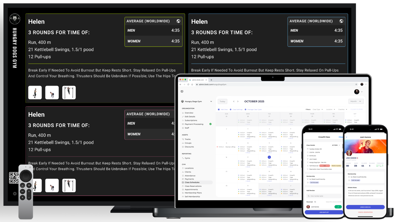 Screens showing integrations between Gym Management, BTWB app, Plan, and Workout TV