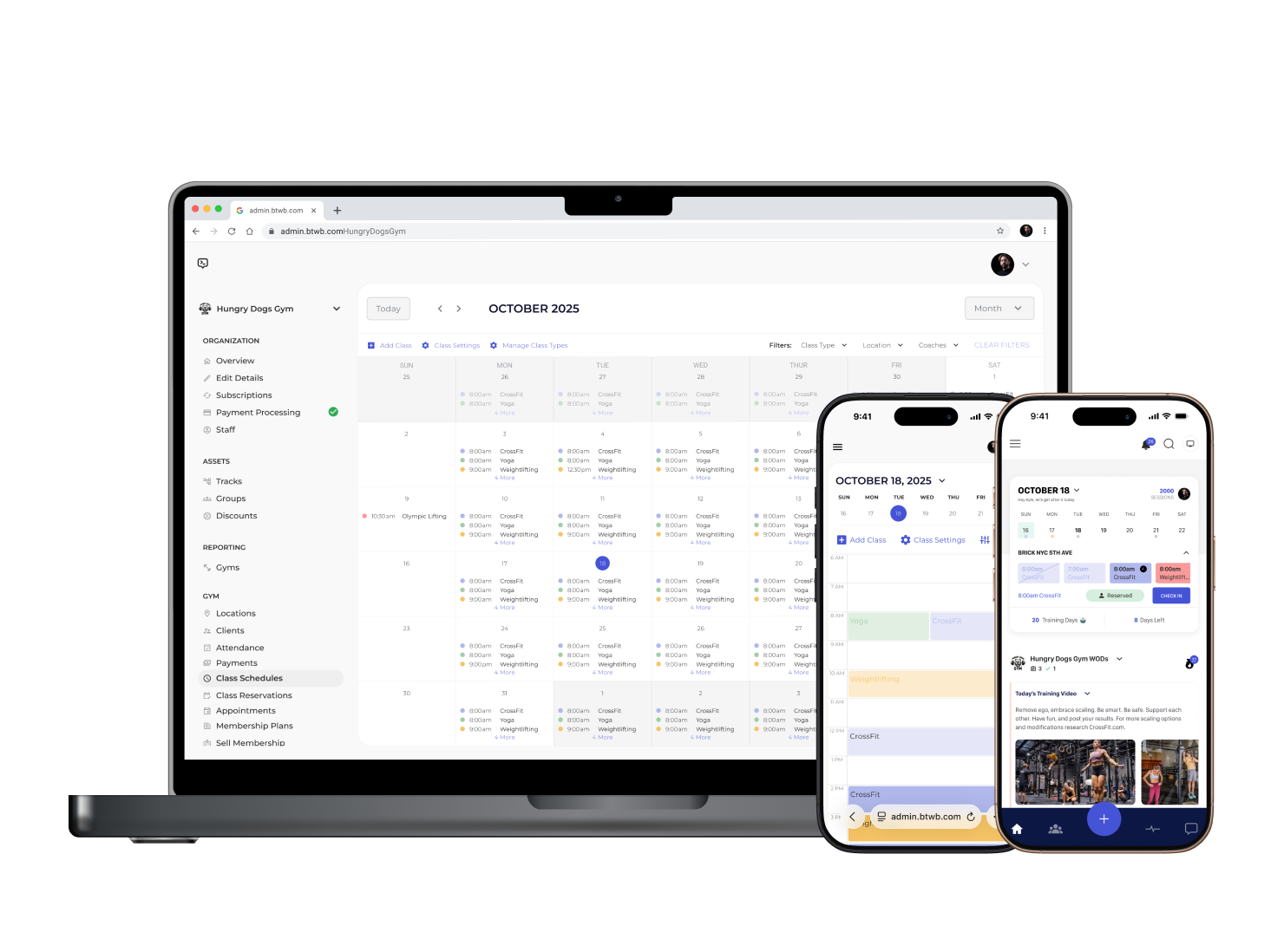 BTWB All-In-One gym management interface mockups