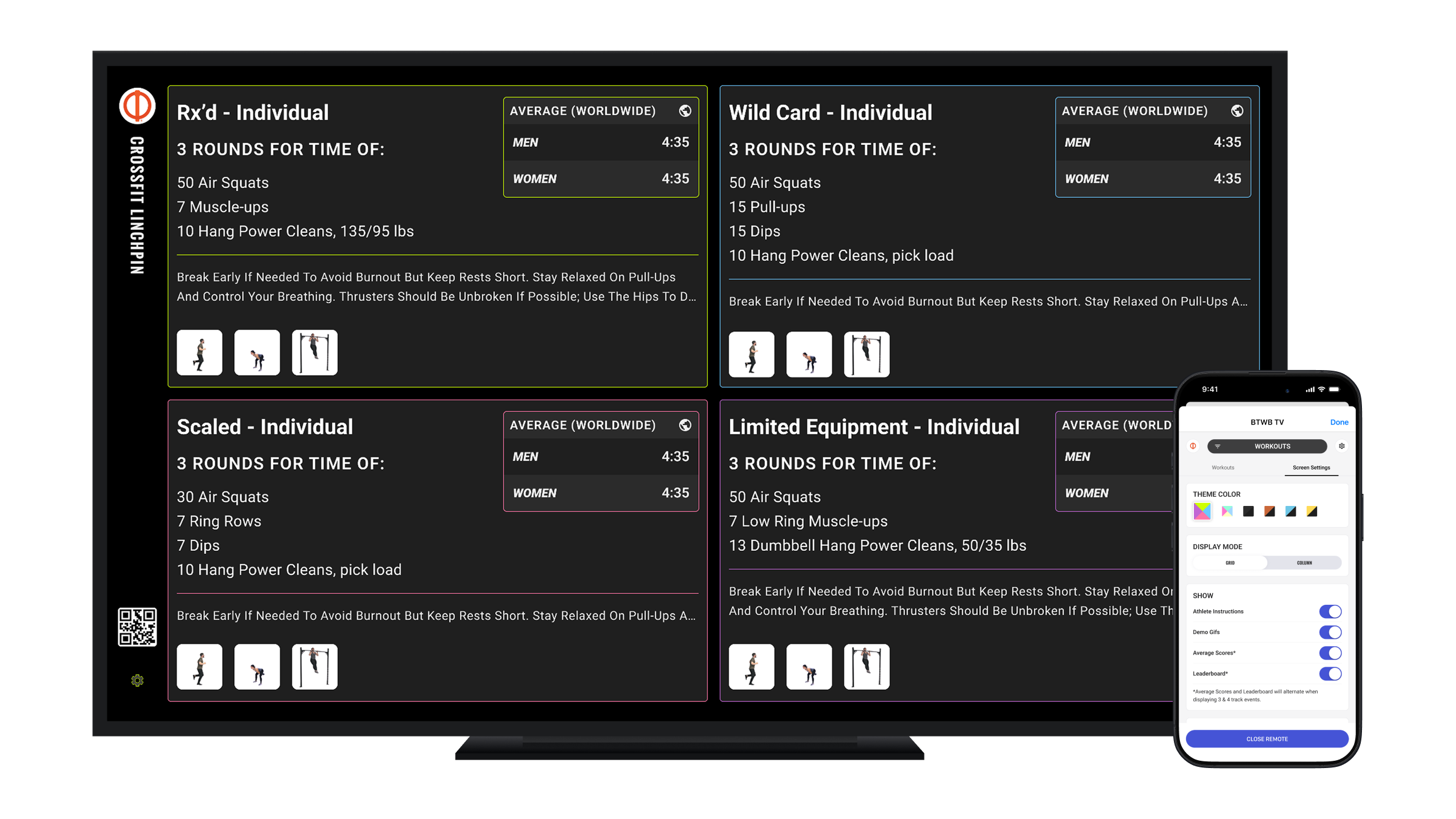 Workout TV multi-mode display on large gym screens